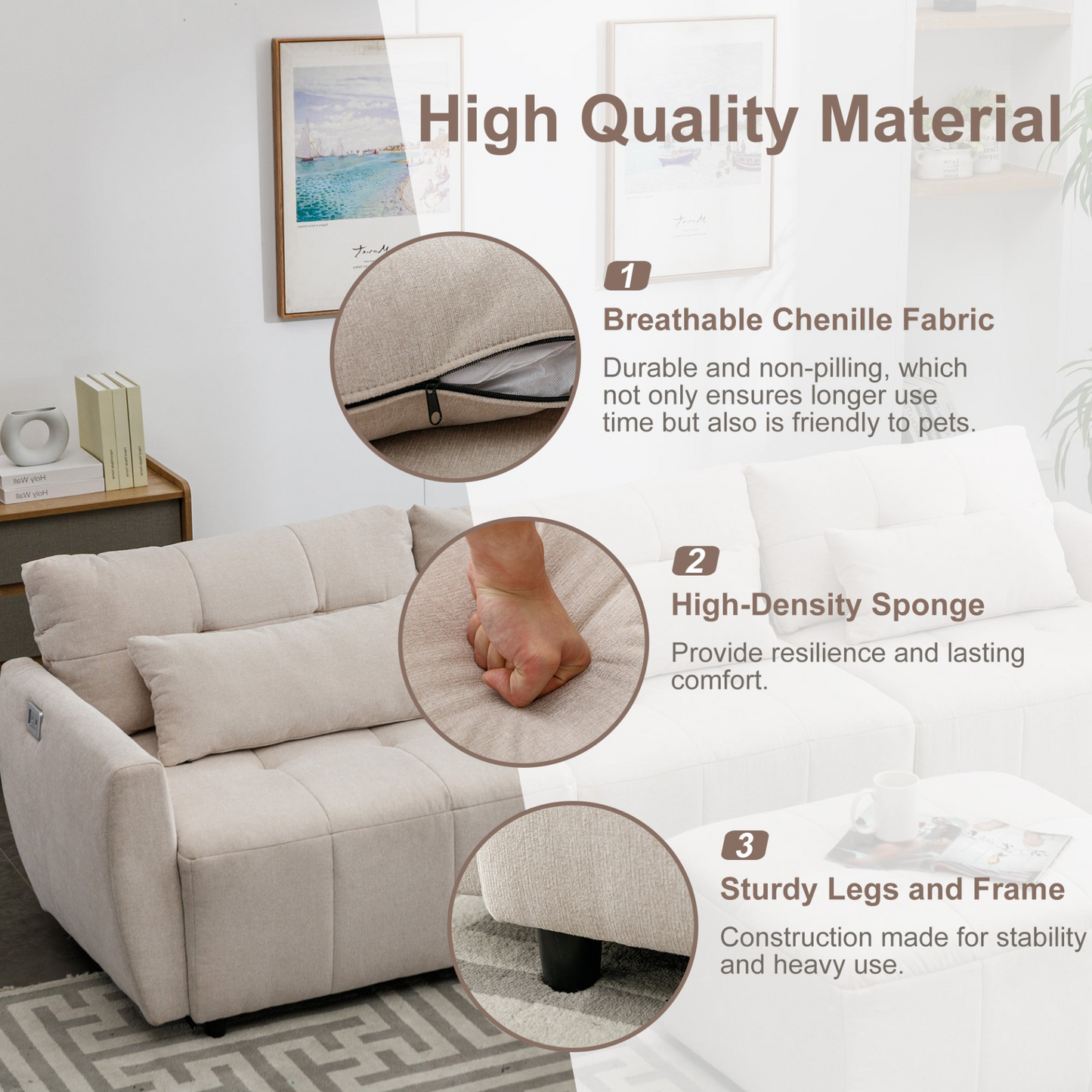 113.3" Convertible Sectional Sofa Couch 3-Seat L-Shaped Sofa with Movable Ottoman and  USB for Apartment, Living Room, Bedroom, Beige