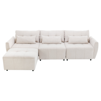 113.3" Convertible Sectional Sofa Couch 3-Seat L-Shaped Sofa with Movable Ottoman and  USB for Apartment, Living Room, Bedroom, Beige