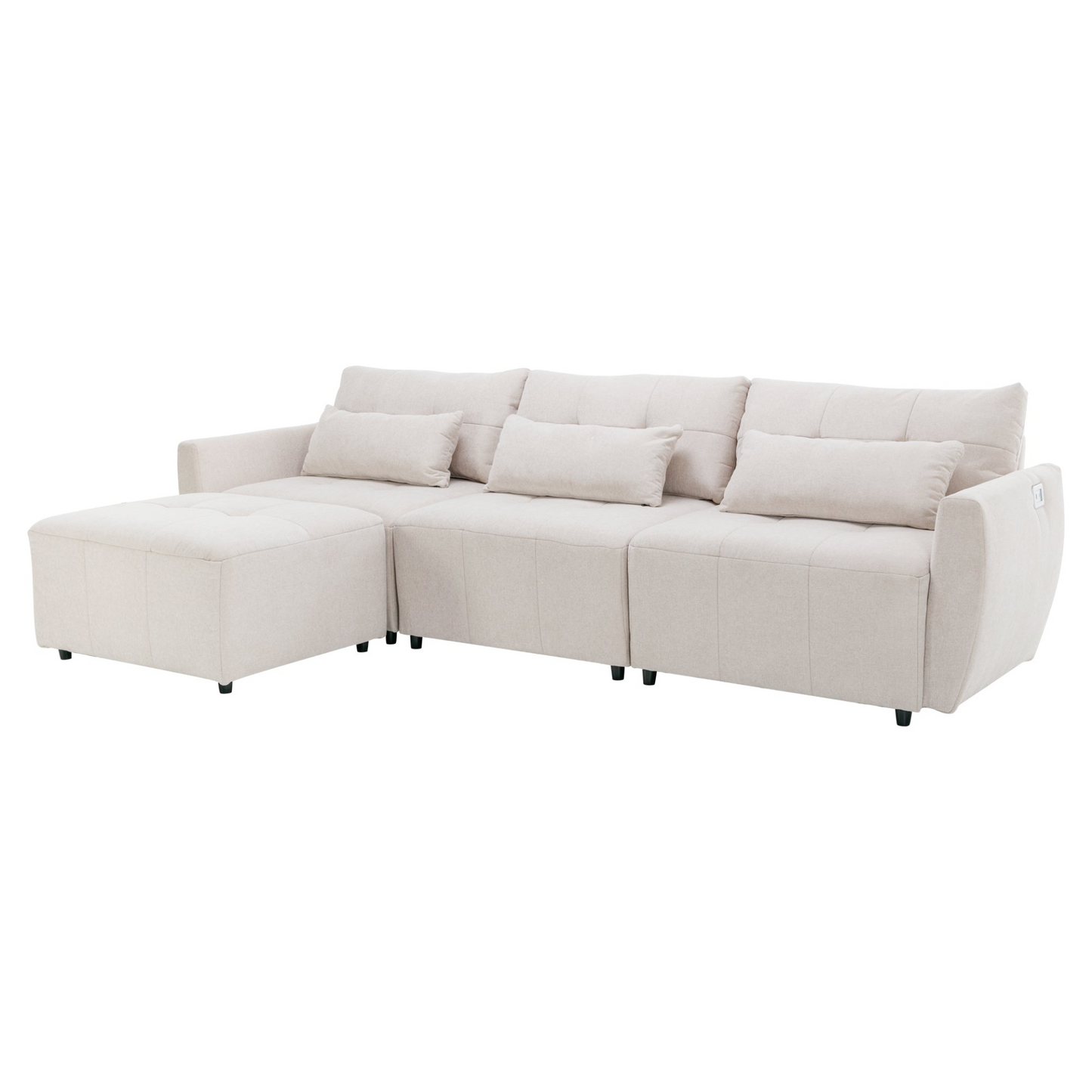 113.3" Convertible Sectional Sofa Couch 3-Seat L-Shaped Sofa with Movable Ottoman and  USB for Apartment, Living Room, Bedroom, Beige