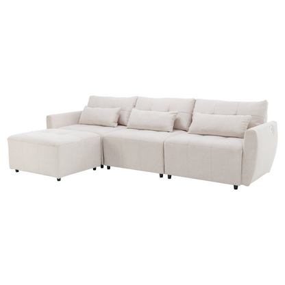 113.3" Convertible Sectional Sofa Couch 3-Seat L-Shaped Sofa with Movable Ottoman and  USB for Apartment, Living Room, Bedroom, Beige