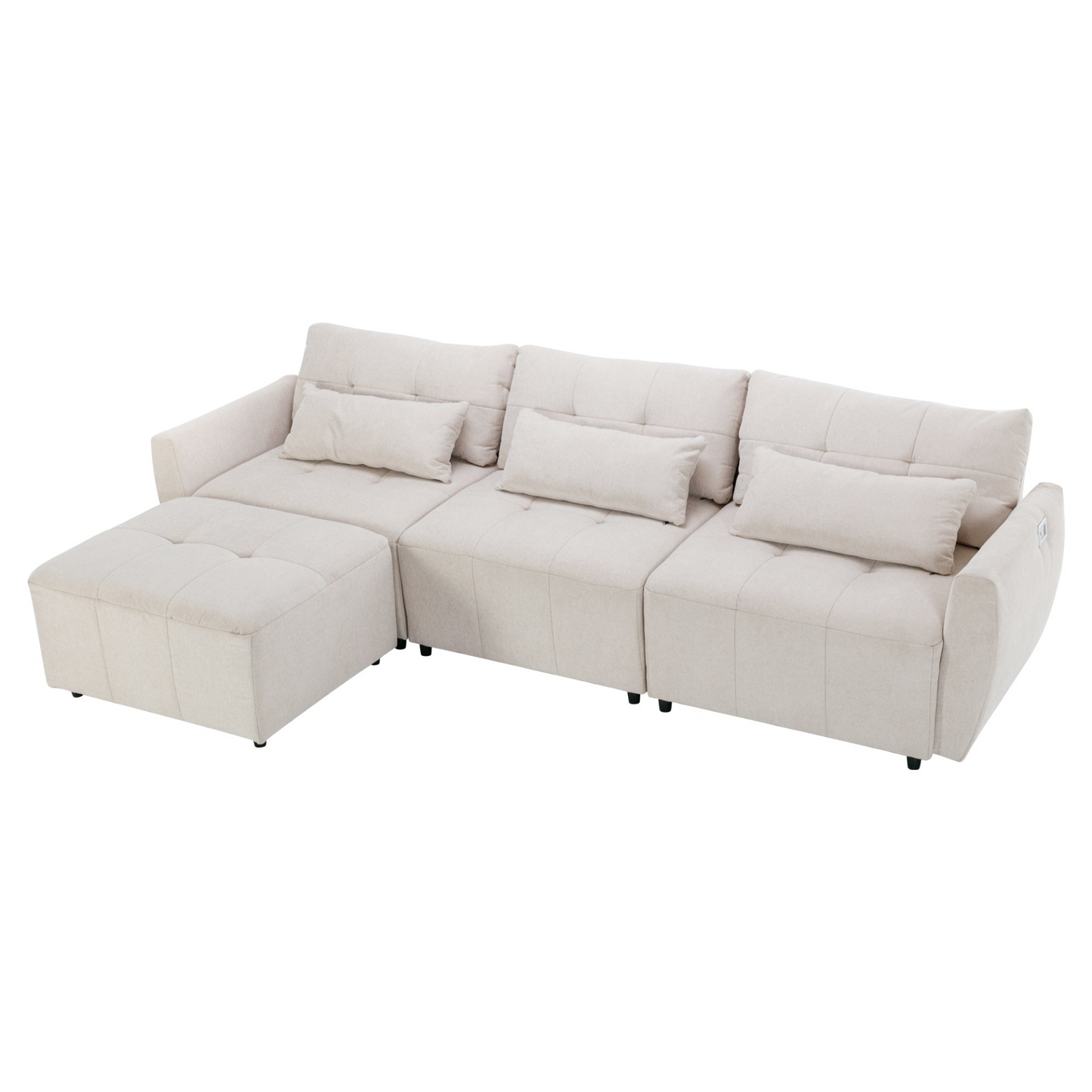 113.3" Convertible Sectional Sofa Couch 3-Seat L-Shaped Sofa with Movable Ottoman and  USB for Apartment, Living Room, Bedroom, Beige
