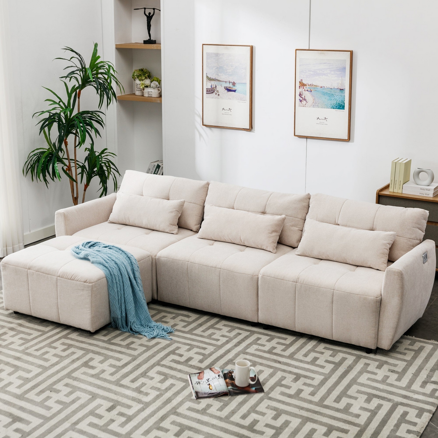113.3" Convertible Sectional Sofa Couch 3-Seat L-Shaped Sofa with Movable Ottoman and  USB for Apartment, Living Room, Bedroom, Beige