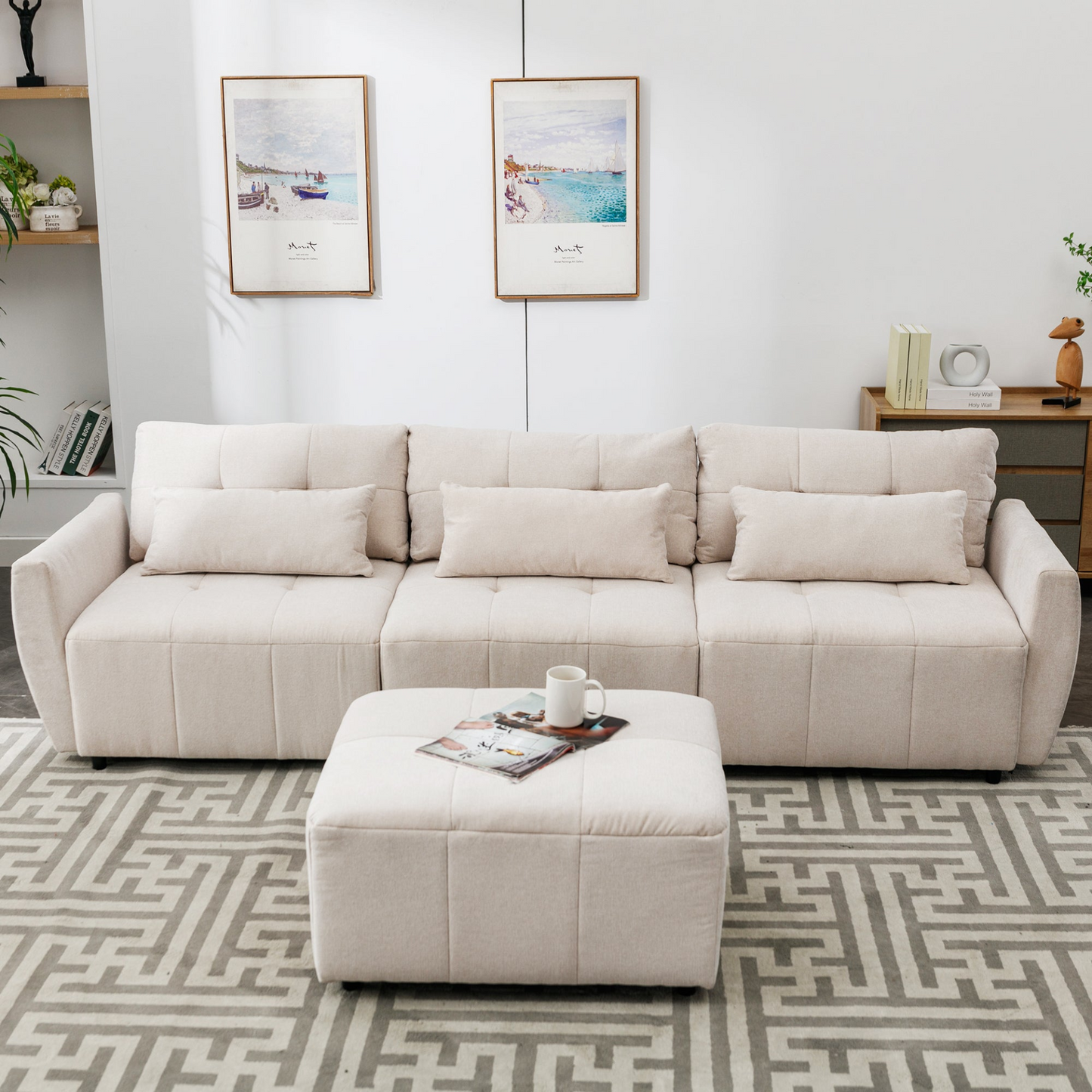113.3" Convertible Sectional Sofa Couch 3-Seat L-Shaped Sofa with Movable Ottoman and  USB for Apartment, Living Room, Bedroom, Beige