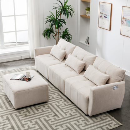 113.3" Convertible Sectional Sofa Couch 3-Seat L-Shaped Sofa with Movable Ottoman and  USB for Apartment, Living Room, Bedroom, Beige