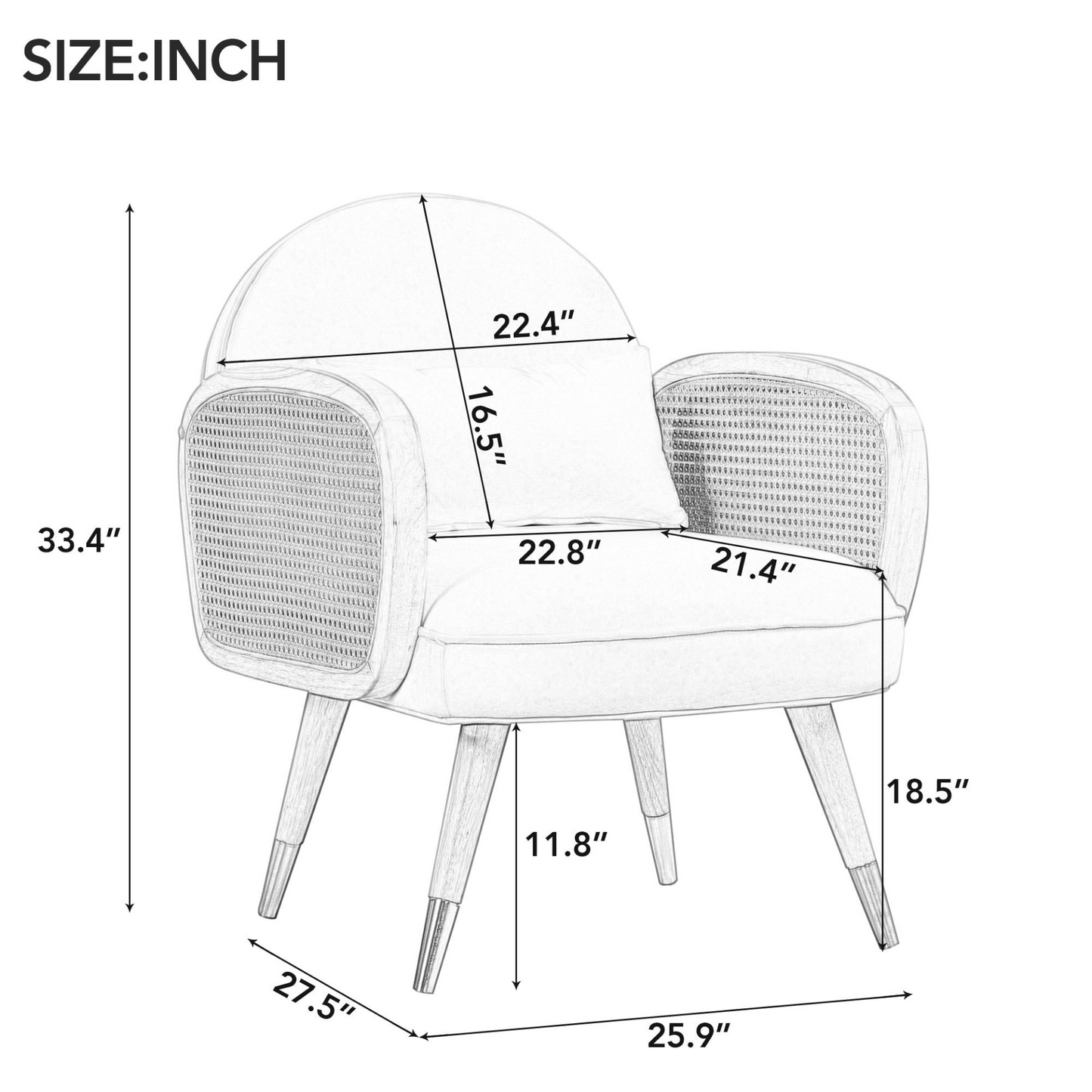 Amchair with Rattan Armrest and Metal Legs Upholstered Mid Century Modern Chairs for Living Room or Reading Room, Grey
