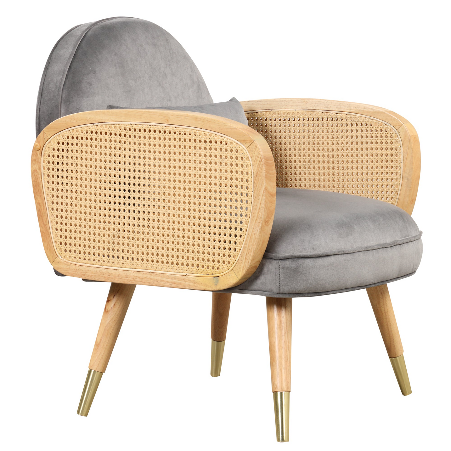 Amchair with Rattan Armrest and Metal Legs Upholstered Mid Century Modern Chairs for Living Room or Reading Room, Grey