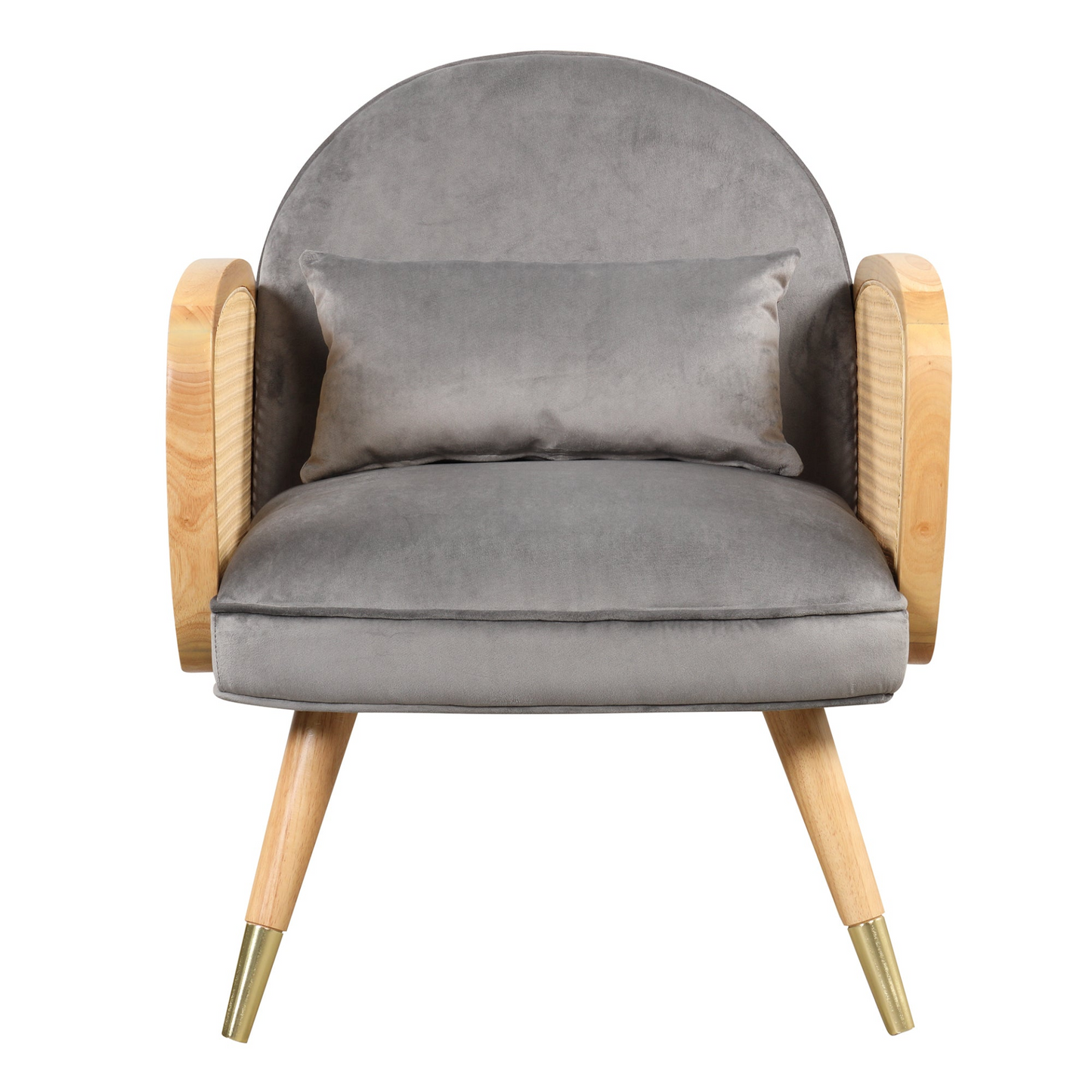 Amchair with Rattan Armrest and Metal Legs Upholstered Mid Century Modern Chairs for Living Room or Reading Room, Grey