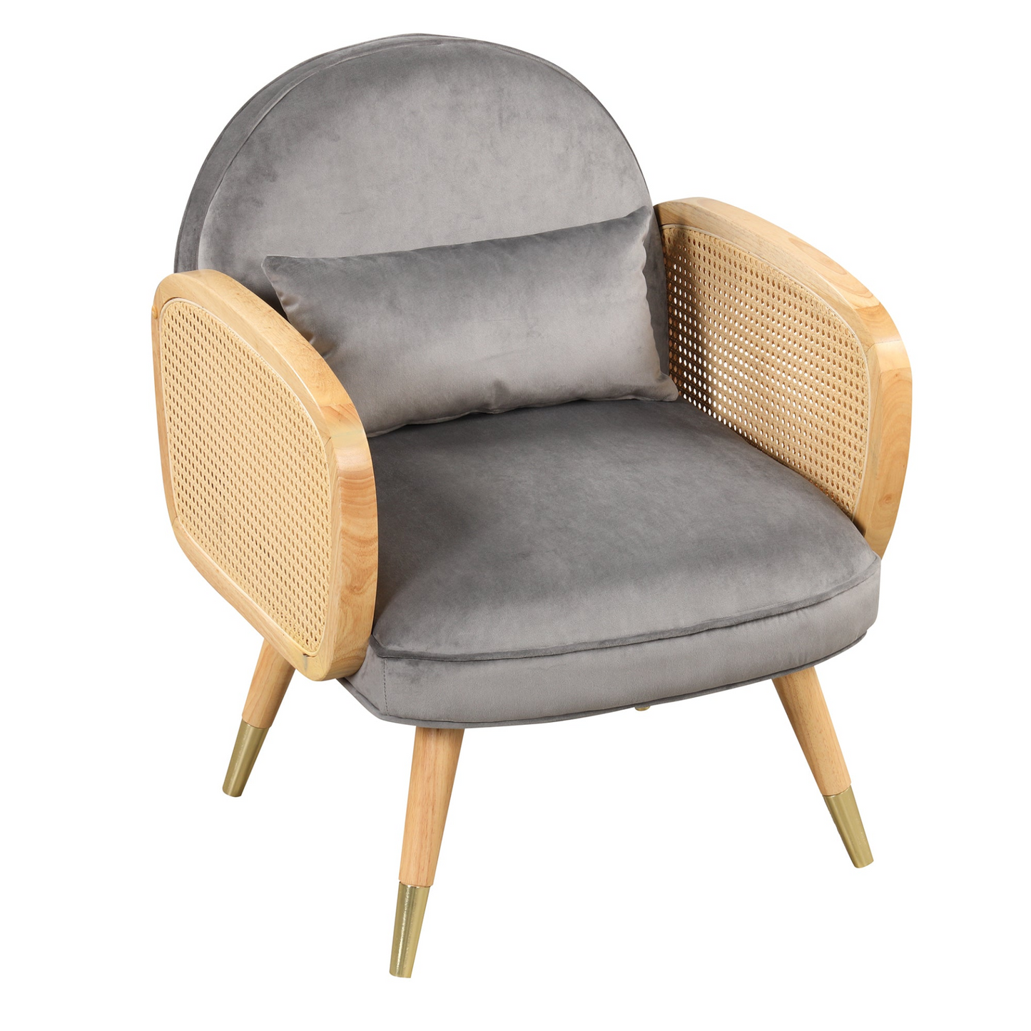 Amchair with Rattan Armrest and Metal Legs Upholstered Mid Century Modern Chairs for Living Room or Reading Room, Grey