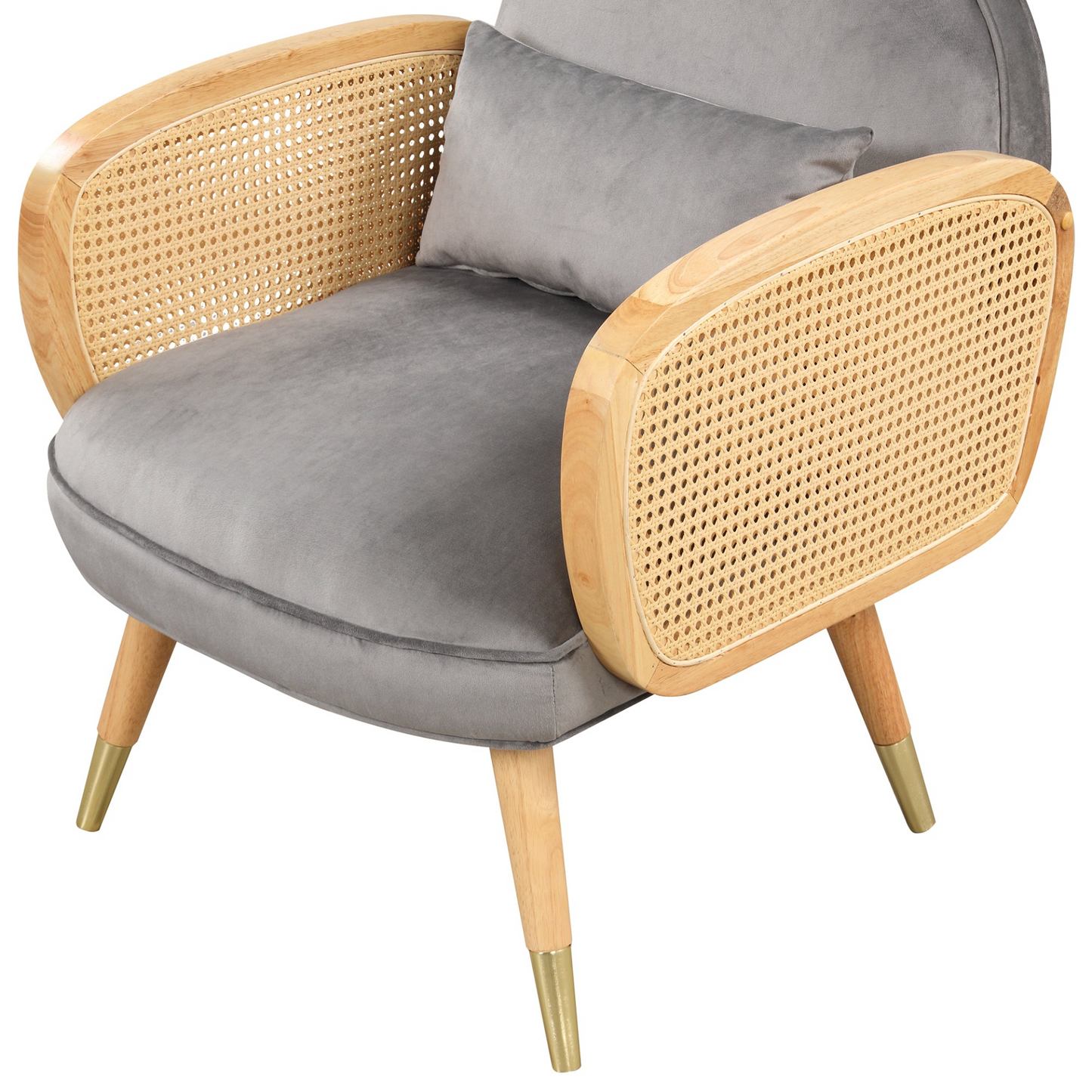 Amchair with Rattan Armrest and Metal Legs Upholstered Mid Century Modern Chairs for Living Room or Reading Room, Grey