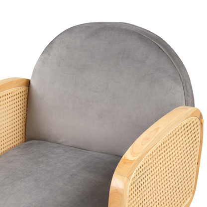 Amchair with Rattan Armrest and Metal Legs Upholstered Mid Century Modern Chairs for Living Room or Reading Room, Grey