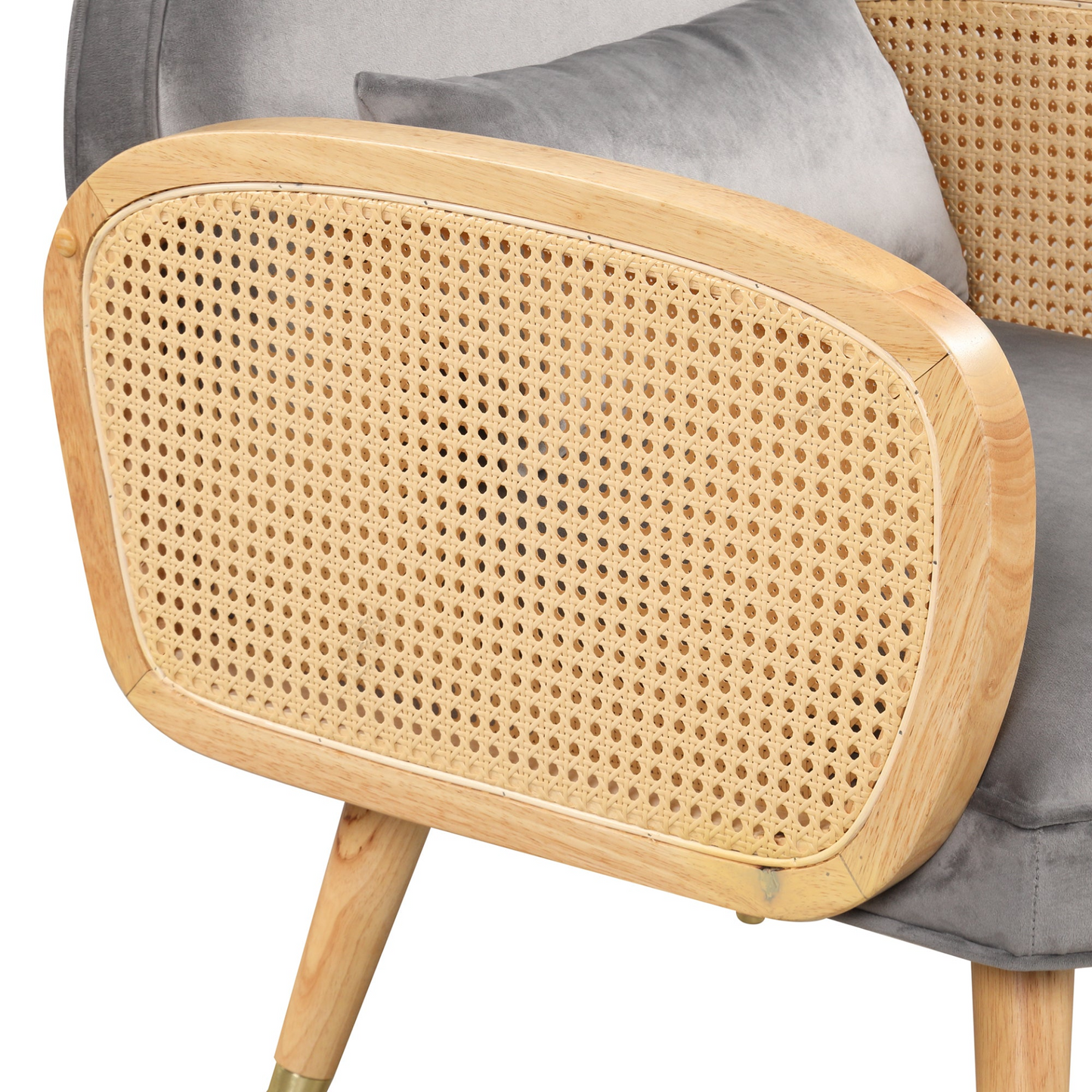 Amchair with Rattan Armrest and Metal Legs Upholstered Mid Century Modern Chairs for Living Room or Reading Room, Grey