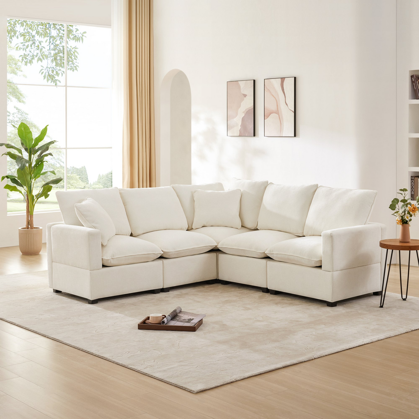 84*84" Modern L Shape Modular Sofa, 5 Seat Chenille Sectional Couch Set with 2 Pillows Included, Freely Combinable Indoor Funiture for Living Room, Apartment, Office, 2 Colors