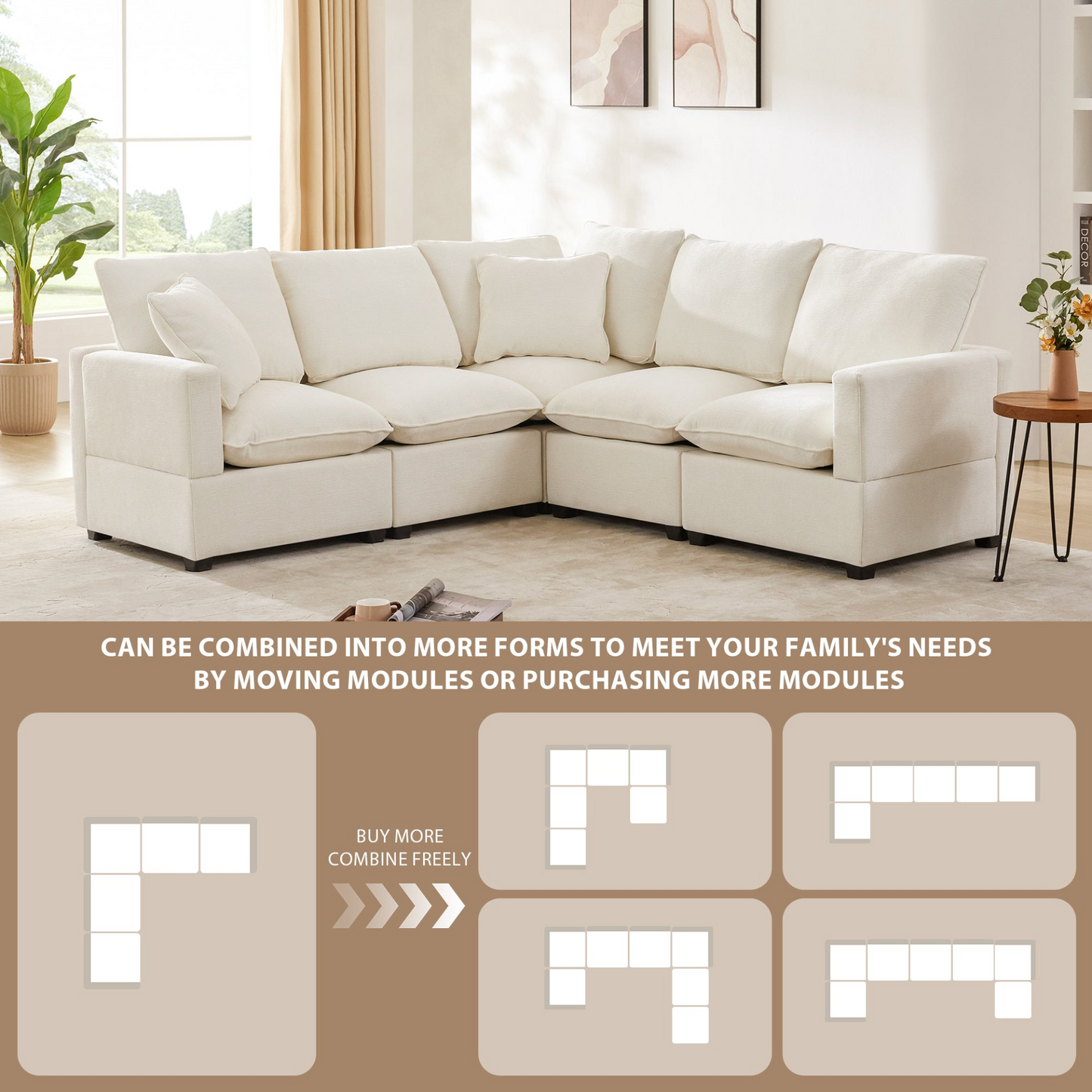84*84" Modern L Shape Modular Sofa, 5 Seat Chenille Sectional Couch Set with 2 Pillows Included, Freely Combinable Indoor Funiture for Living Room, Apartment, Office, 2 Colors