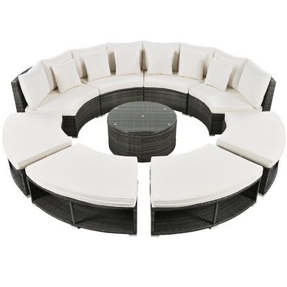 9-Piece Outdoor Patio Furniture Luxury Circular Outdoor Sofa Set Rattan Wicker Sectional Sofa Lounge Set with Tempered Glass Coffee Table, 6 Pillows,Beige