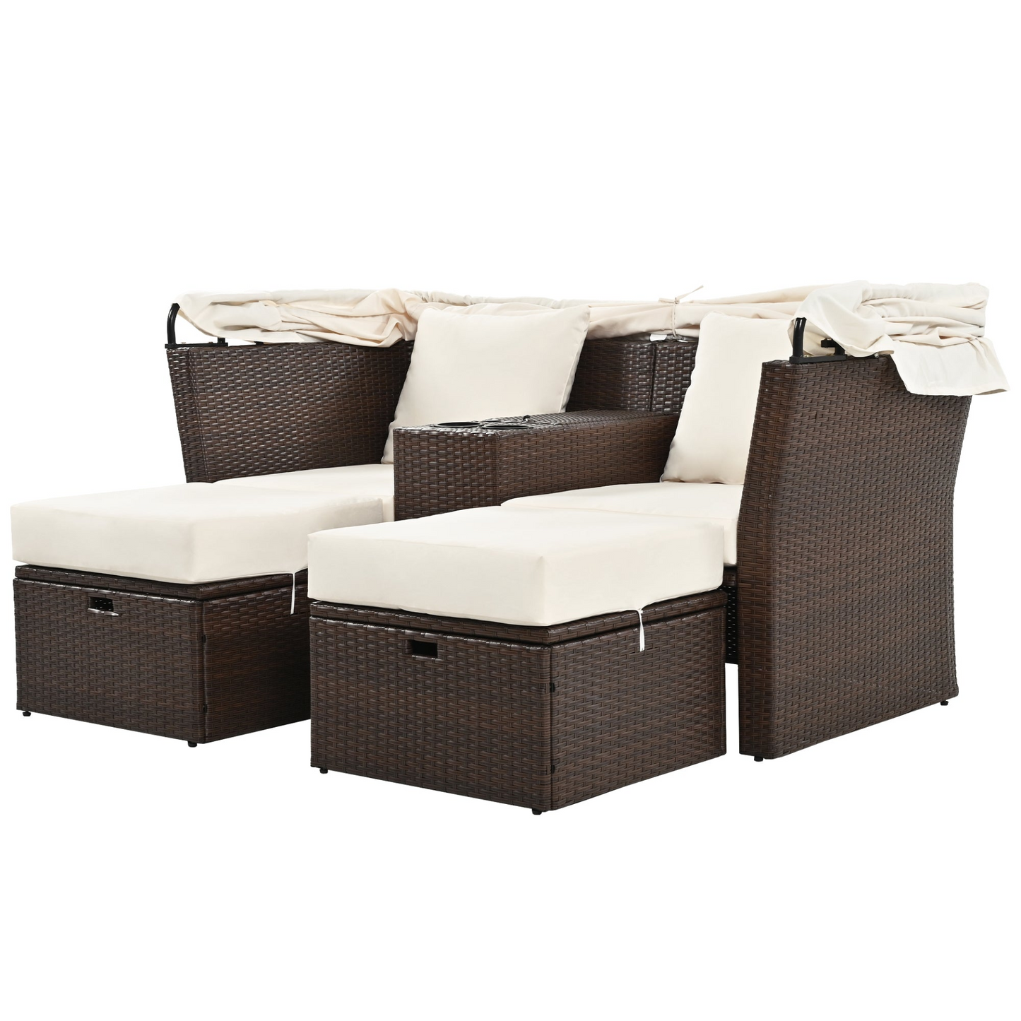 2-Seater Outdoor Patio Daybed Outdoor Double Daybed Outdoor Loveseat Sofa Set with Foldable Awning and Cushions for Garden, Balcony, Poolside, Beige