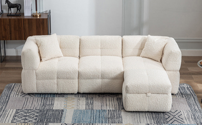 87.7" Sectional Sofa Cozy Teddy Fleece Fabric Sectional Sofa Couch with Two USB Ports a Movable Storage Ottoman and Two Lumbar Pillows for Living Room, Creamy White