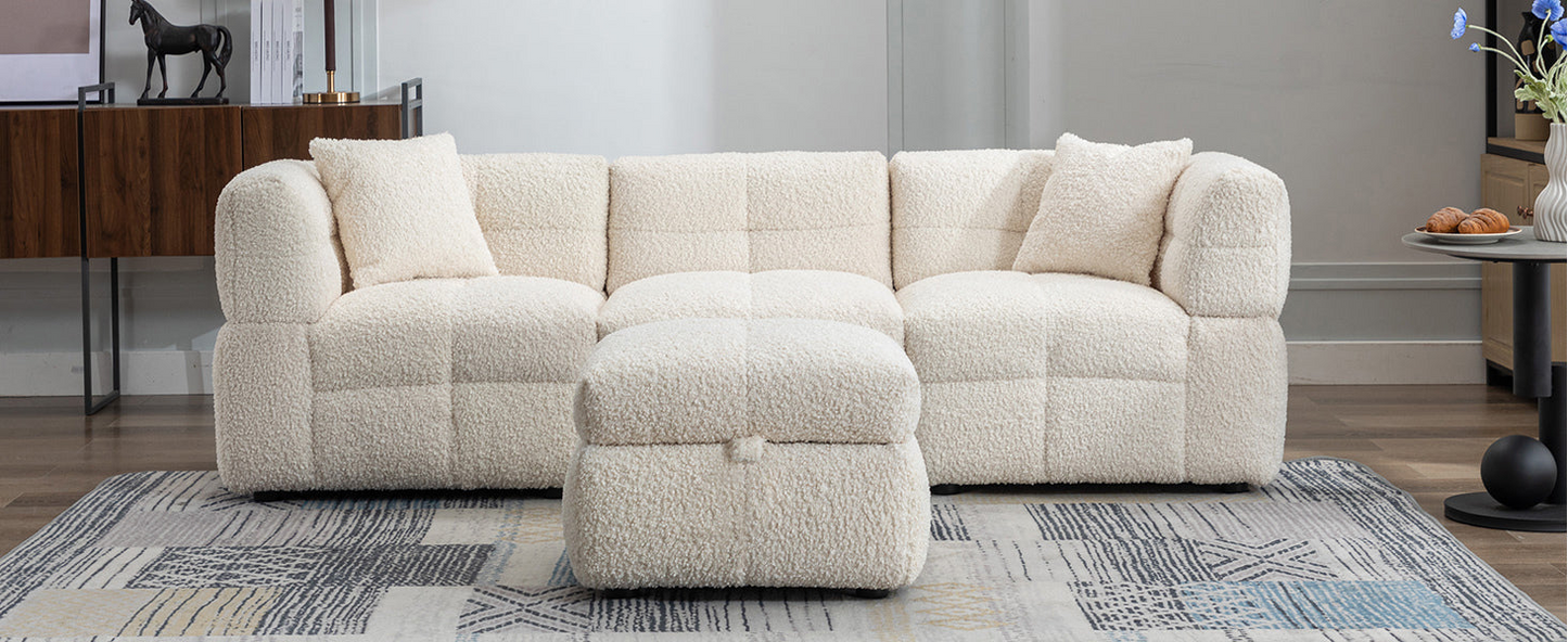 87.7" Sectional Sofa Cozy Teddy Fleece Fabric Sectional Sofa Couch with Two USB Ports a Movable Storage Ottoman and Two Lumbar Pillows for Living Room, Creamy White