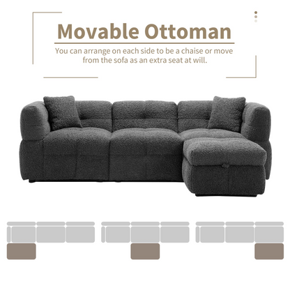 87.7" Sectional Sofa Cozy Teddy Fleece Fabric Sectional Sofa Couch with Two USB Ports a Movable Storage Ottoman and Two Lumbar Pillows for Living Room, Gray