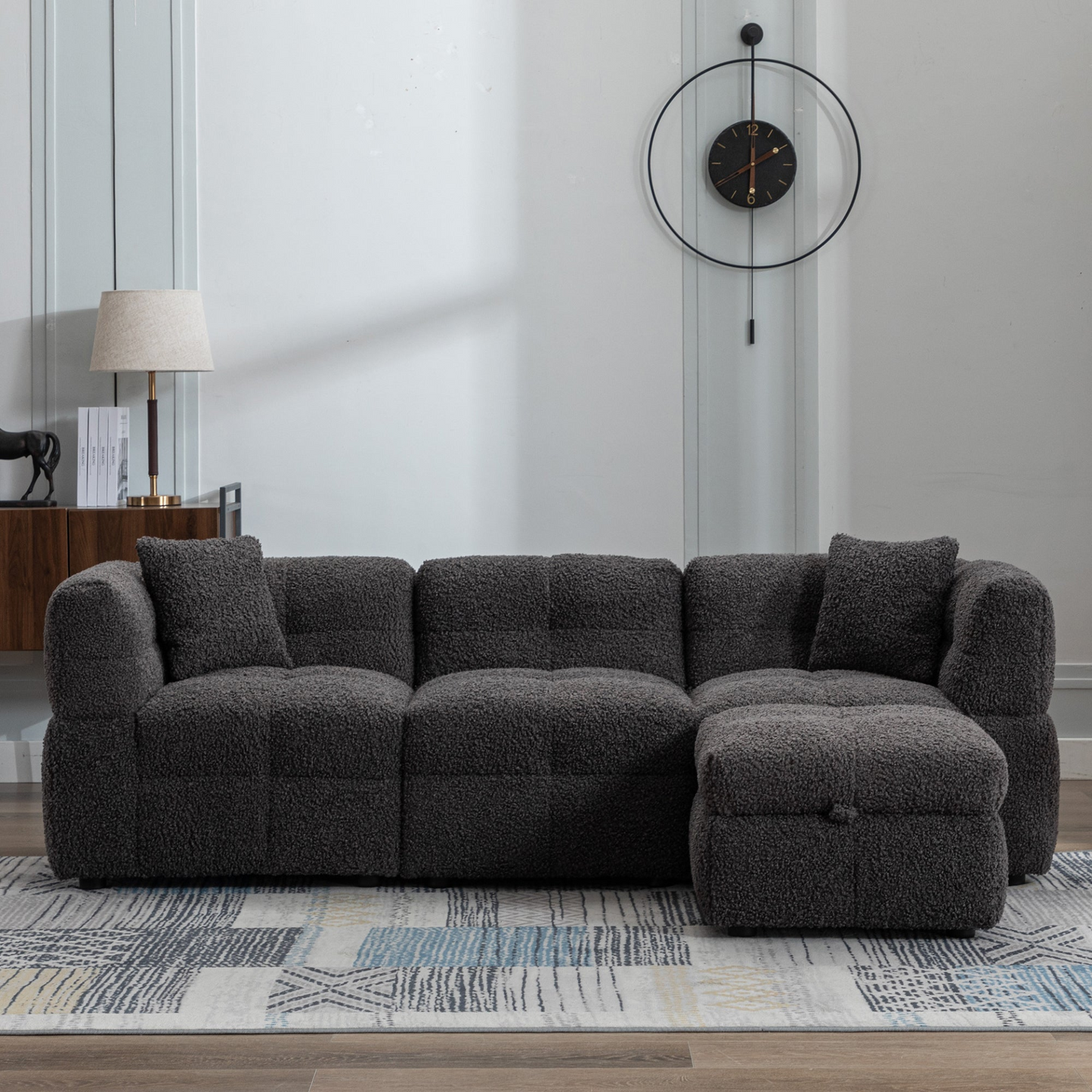 87.7" Sectional Sofa Cozy Teddy Fleece Fabric Sectional Sofa Couch with Two USB Ports a Movable Storage Ottoman and Two Lumbar Pillows for Living Room, Gray