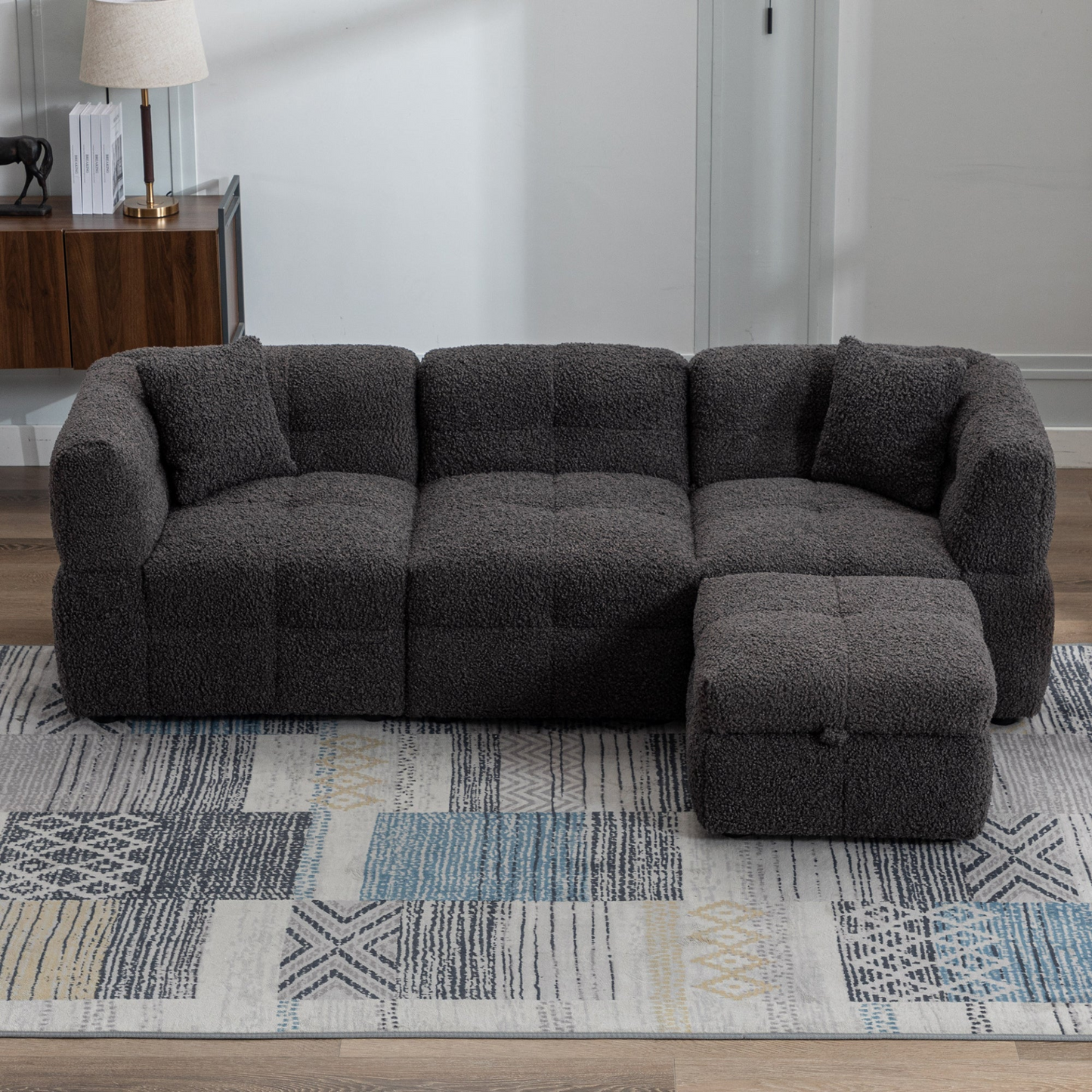 87.7" Sectional Sofa Cozy Teddy Fleece Fabric Sectional Sofa Couch with Two USB Ports a Movable Storage Ottoman and Two Lumbar Pillows for Living Room, Gray