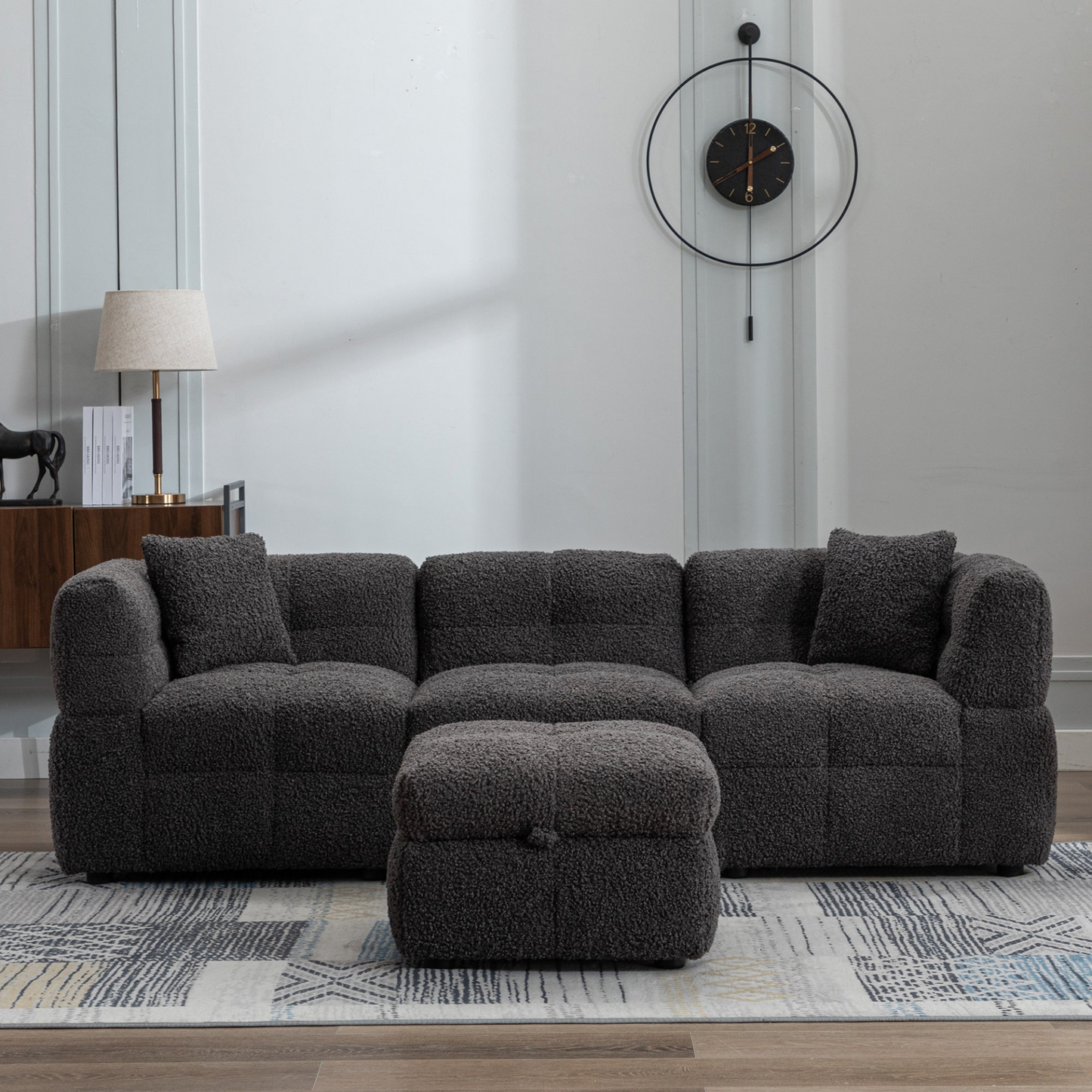 87.7" Sectional Sofa Cozy Teddy Fleece Fabric Sectional Sofa Couch with Two USB Ports a Movable Storage Ottoman and Two Lumbar Pillows for Living Room, Gray