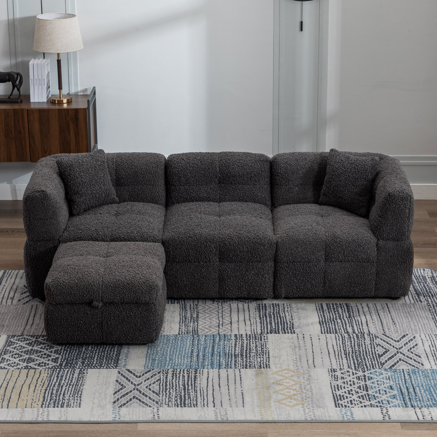 87.7" Sectional Sofa Cozy Teddy Fleece Fabric Sectional Sofa Couch with Two USB Ports a Movable Storage Ottoman and Two Lumbar Pillows for Living Room, Gray