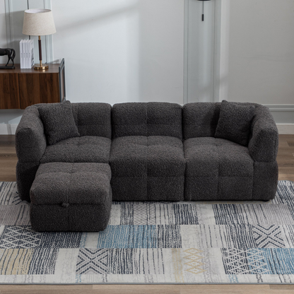 87.7" Sectional Sofa Cozy Teddy Fleece Fabric Sectional Sofa Couch with Two USB Ports a Movable Storage Ottoman and Two Lumbar Pillows for Living Room, Gray