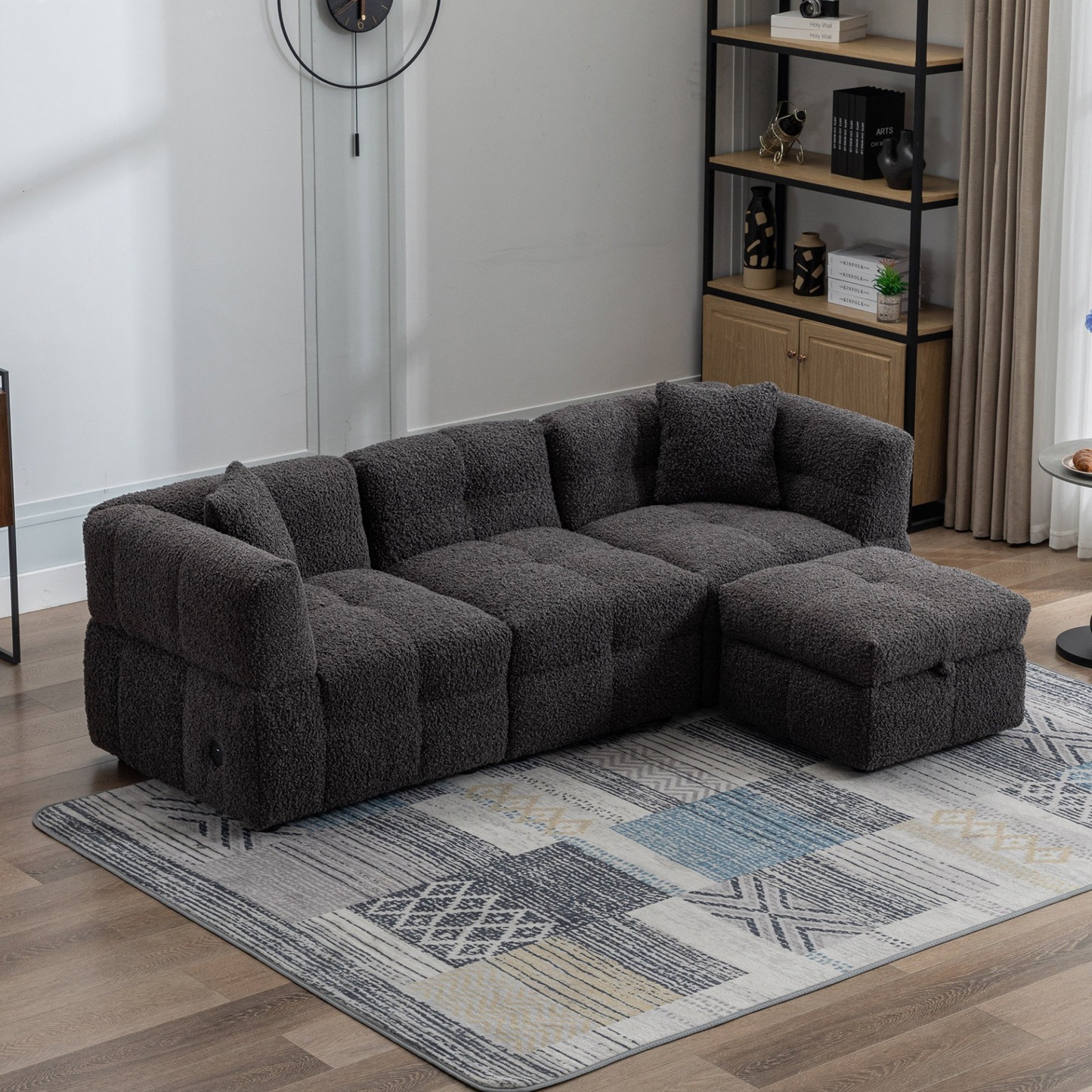 87.7" Sectional Sofa Cozy Teddy Fleece Fabric Sectional Sofa Couch with Two USB Ports a Movable Storage Ottoman and Two Lumbar Pillows for Living Room, Gray