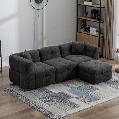 87.7" Sectional Sofa Cozy Teddy Fleece Fabric Sectional Sofa Couch with Two USB Ports a Movable Storage Ottoman and Two Lumbar Pillows for Living Room, Gray