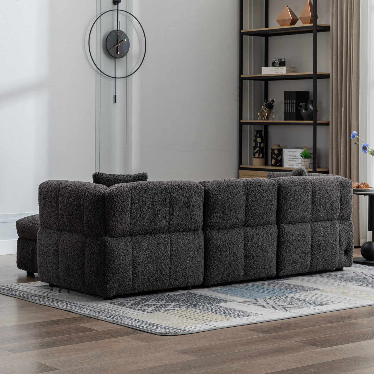 87.7" Sectional Sofa Cozy Teddy Fleece Fabric Sectional Sofa Couch with Two USB Ports a Movable Storage Ottoman and Two Lumbar Pillows for Living Room, Gray