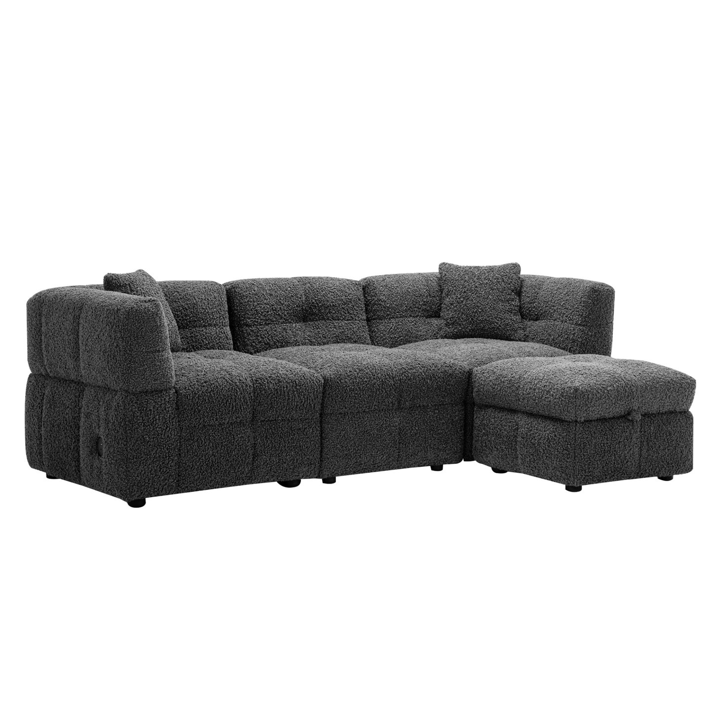 87.7" Sectional Sofa Cozy Teddy Fleece Fabric Sectional Sofa Couch with Two USB Ports a Movable Storage Ottoman and Two Lumbar Pillows for Living Room, Gray