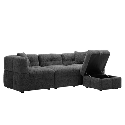 87.7" Sectional Sofa Cozy Teddy Fleece Fabric Sectional Sofa Couch with Two USB Ports a Movable Storage Ottoman and Two Lumbar Pillows for Living Room, Gray