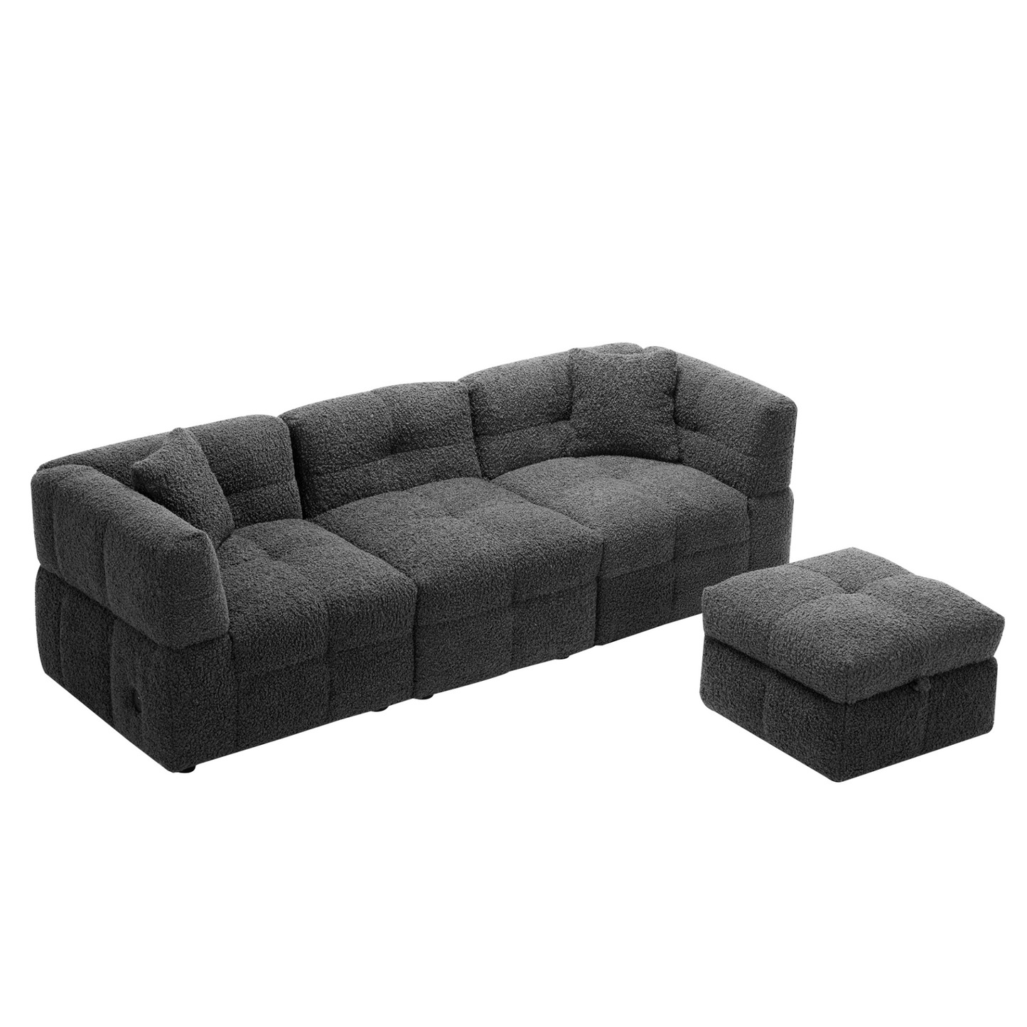 87.7" Sectional Sofa Cozy Teddy Fleece Fabric Sectional Sofa Couch with Two USB Ports a Movable Storage Ottoman and Two Lumbar Pillows for Living Room, Gray
