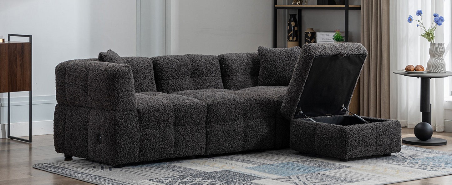 87.7" Sectional Sofa Cozy Teddy Fleece Fabric Sectional Sofa Couch with Two USB Ports a Movable Storage Ottoman and Two Lumbar Pillows for Living Room, Gray