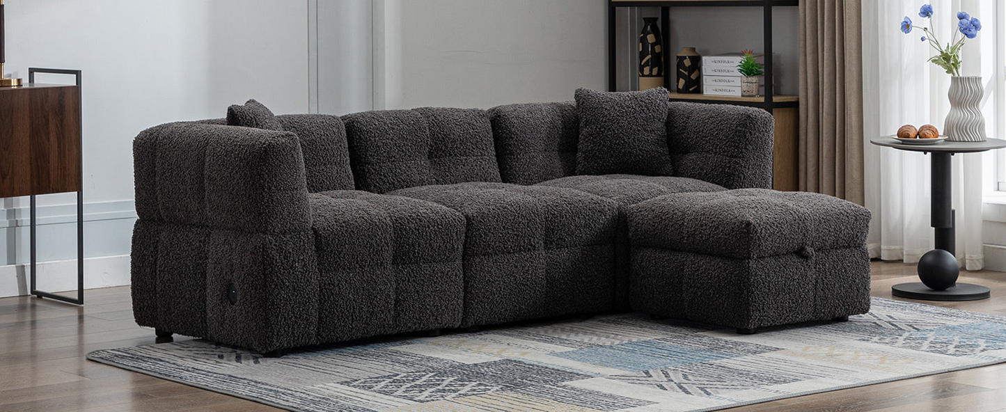 87.7" Sectional Sofa Cozy Teddy Fleece Fabric Sectional Sofa Couch with Two USB Ports a Movable Storage Ottoman and Two Lumbar Pillows for Living Room, Gray