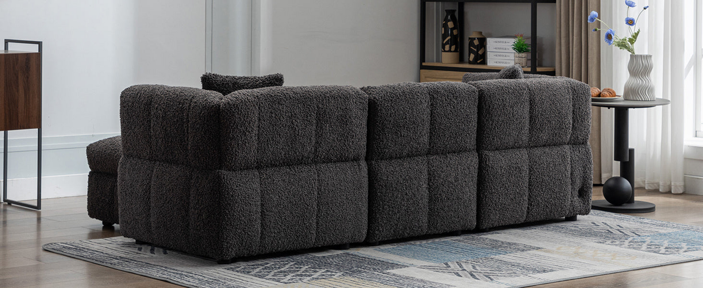 87.7" Sectional Sofa Cozy Teddy Fleece Fabric Sectional Sofa Couch with Two USB Ports a Movable Storage Ottoman and Two Lumbar Pillows for Living Room, Gray