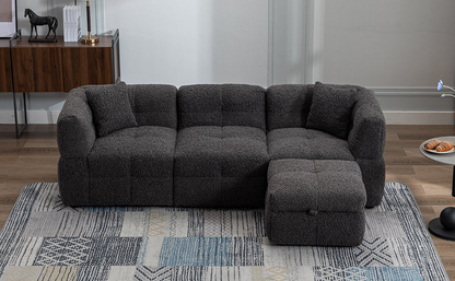 87.7" Sectional Sofa Cozy Teddy Fleece Fabric Sectional Sofa Couch with Two USB Ports a Movable Storage Ottoman and Two Lumbar Pillows for Living Room, Gray