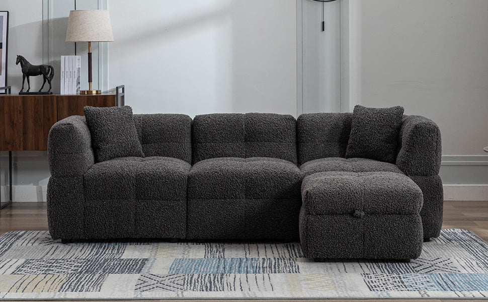 87.7" Sectional Sofa Cozy Teddy Fleece Fabric Sectional Sofa Couch with Two USB Ports a Movable Storage Ottoman and Two Lumbar Pillows for Living Room, Gray
