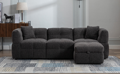87.7" Sectional Sofa Cozy Teddy Fleece Fabric Sectional Sofa Couch with Two USB Ports a Movable Storage Ottoman and Two Lumbar Pillows for Living Room, Gray