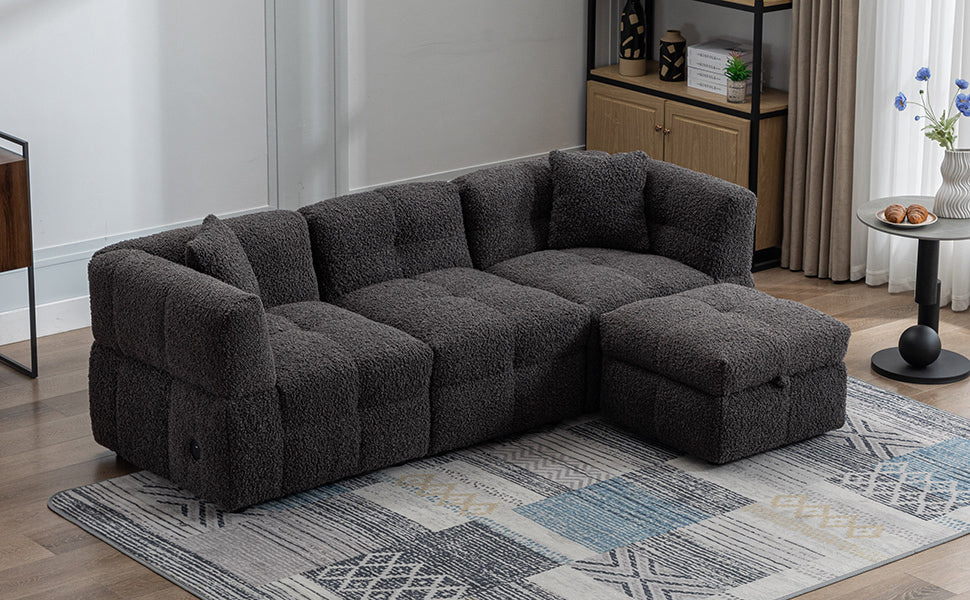 87.7" Sectional Sofa Cozy Teddy Fleece Fabric Sectional Sofa Couch with Two USB Ports a Movable Storage Ottoman and Two Lumbar Pillows for Living Room, Gray