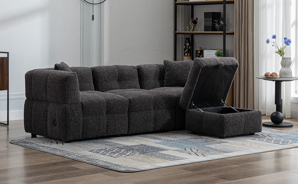 87.7" Sectional Sofa Cozy Teddy Fleece Fabric Sectional Sofa Couch with Two USB Ports a Movable Storage Ottoman and Two Lumbar Pillows for Living Room, Gray