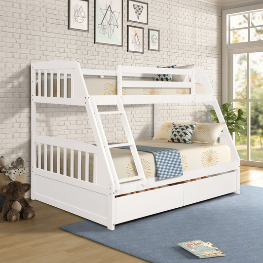 Solid Wood Twin Over Full Bunk Bed with Two Storage Drawers, White