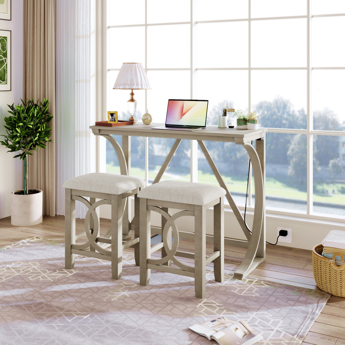 Farmhouse 3-Piece Counter Height Dining Table Set with USB Port and Upholstered Stools,Cream