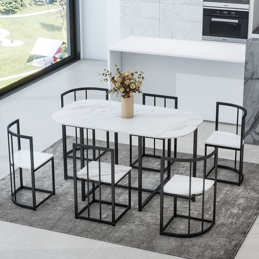 Modern 7-Piece Dining Table Set with Faux Marble Compact 55Inch Kitchen Table Set for 6, Black+White