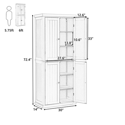 Freestanding Tall Kitchen Pantry, 72.4" Minimalist Kitchen Storage Cabinet Organizer with 4 Doors and Adjustable Shelves,Gray