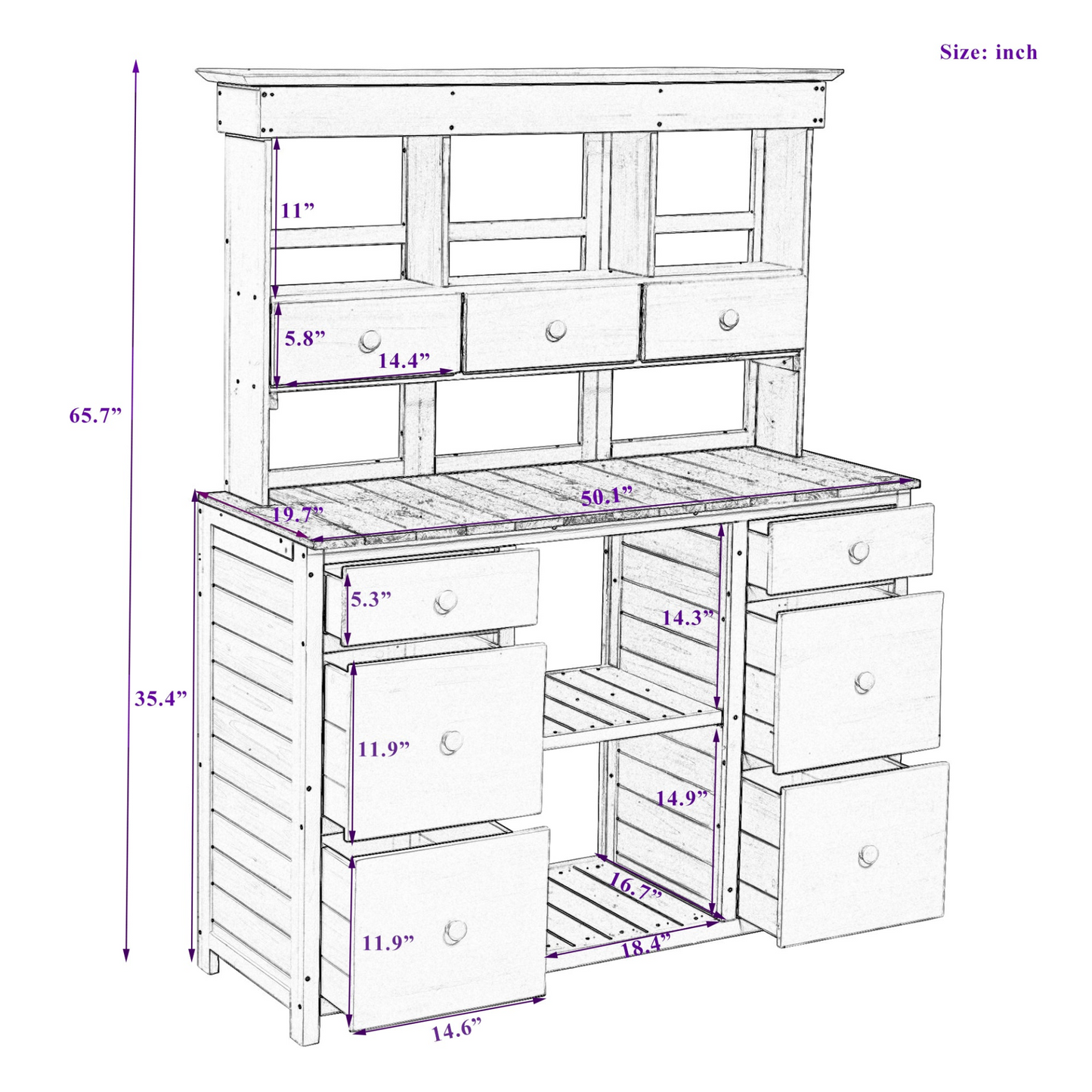 Garden Potting Bench Table, Rustic and Sleek Design with Multiple Drawers and Shelves for Storage, White and Gray