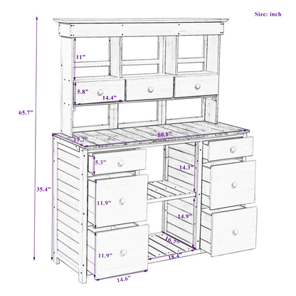 Garden Potting Bench Table, Rustic and Sleek Design with Multiple Drawers and Shelves for Storage, White and Gray