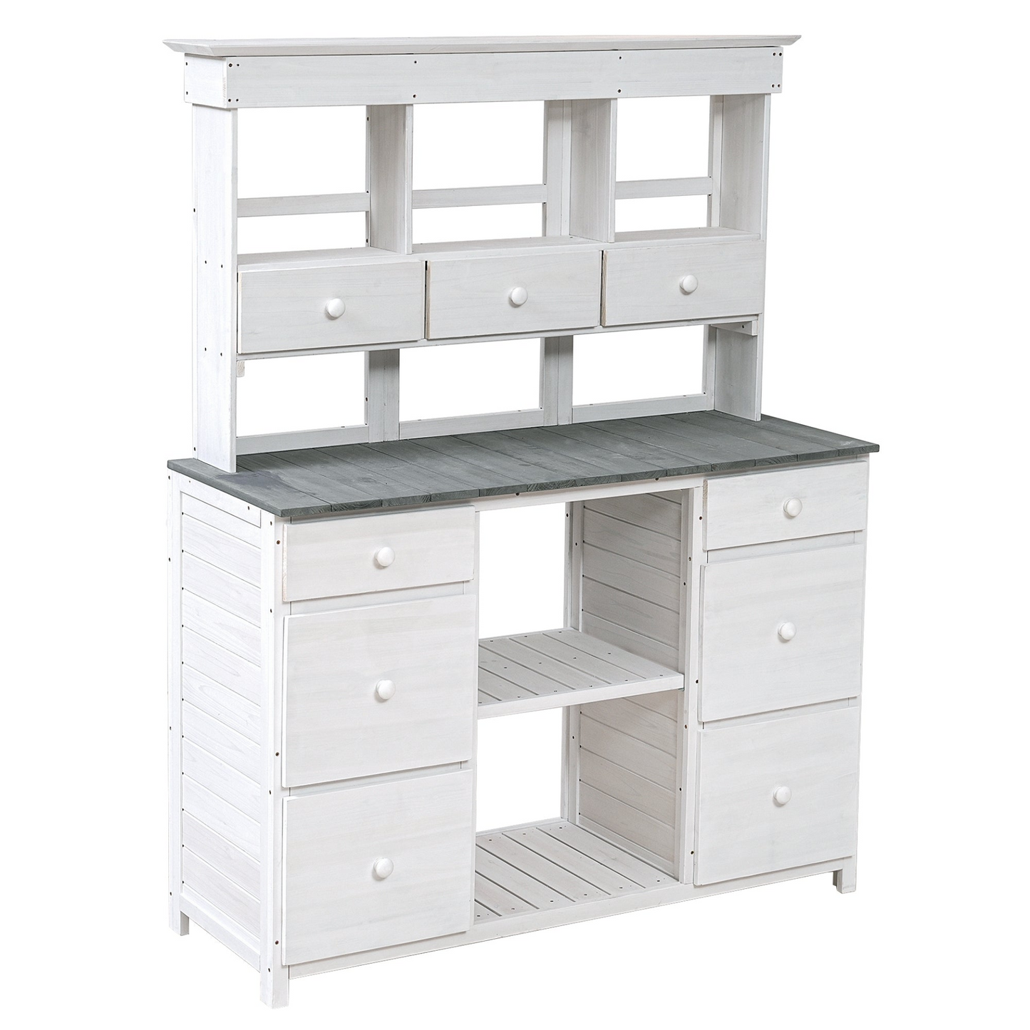 Garden Potting Bench Table, Rustic and Sleek Design with Multiple Drawers and Shelves for Storage, White and Gray