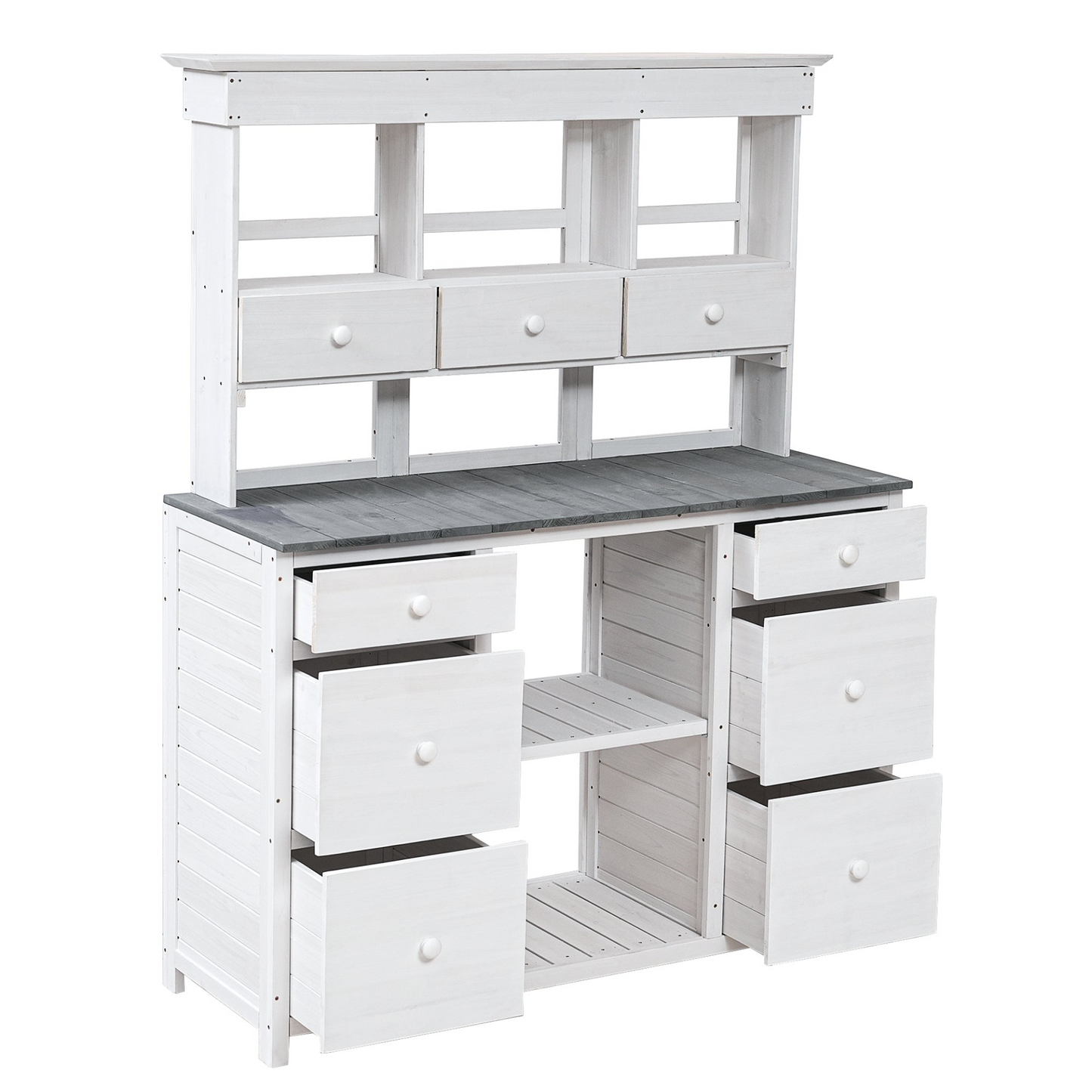 Garden Potting Bench Table, Rustic and Sleek Design with Multiple Drawers and Shelves for Storage, White and Gray