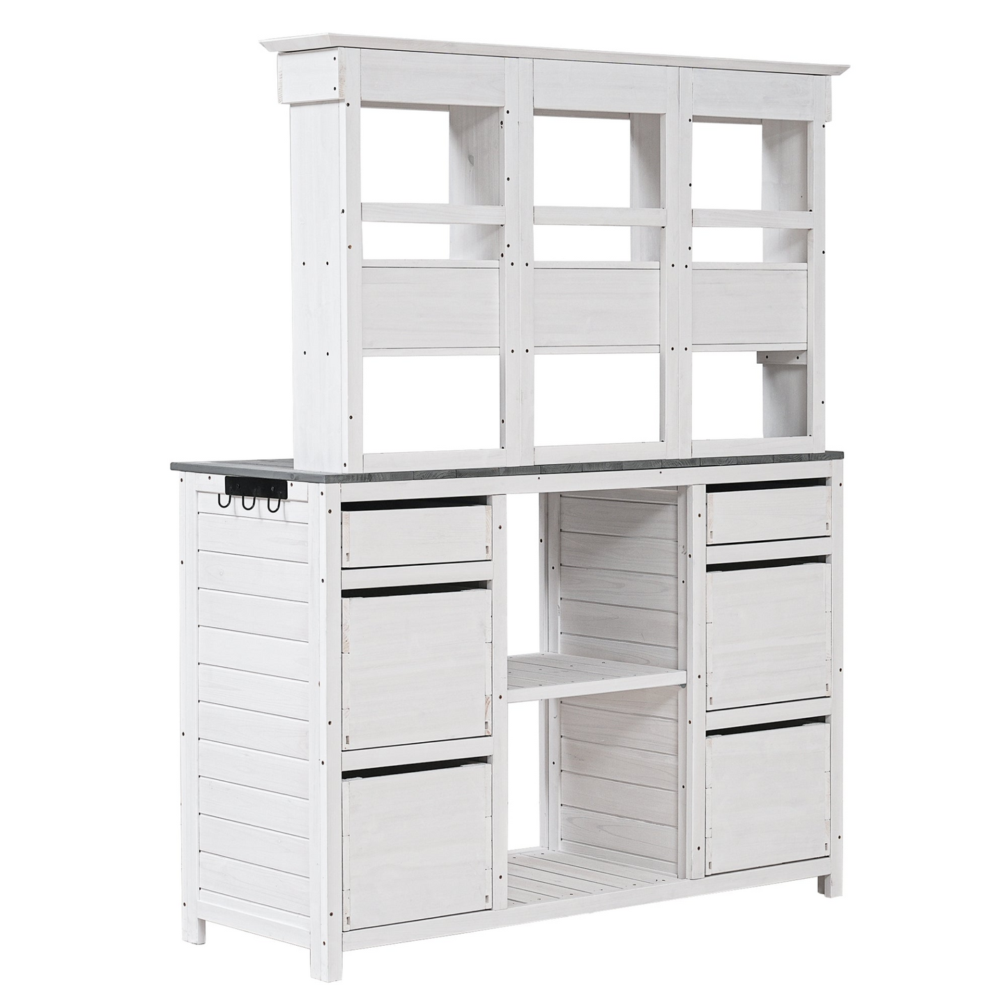 Garden Potting Bench Table, Rustic and Sleek Design with Multiple Drawers and Shelves for Storage, White and Gray
